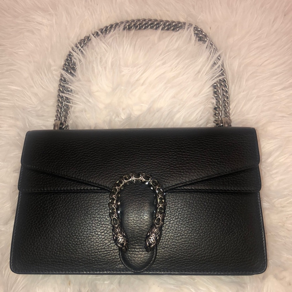 Gucci Dionysus  Black Leather Shoulder Bag Cyrstal Tiger Head Clasp